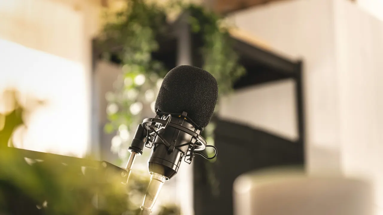 A microphone ready to record in a naturally lit studio